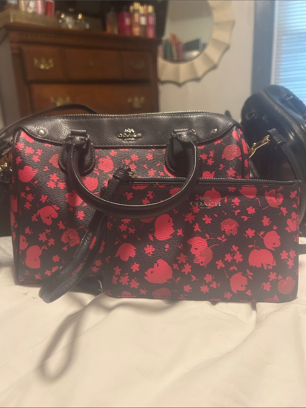 Coach Black Satchel with Pink Floral Print - Coach